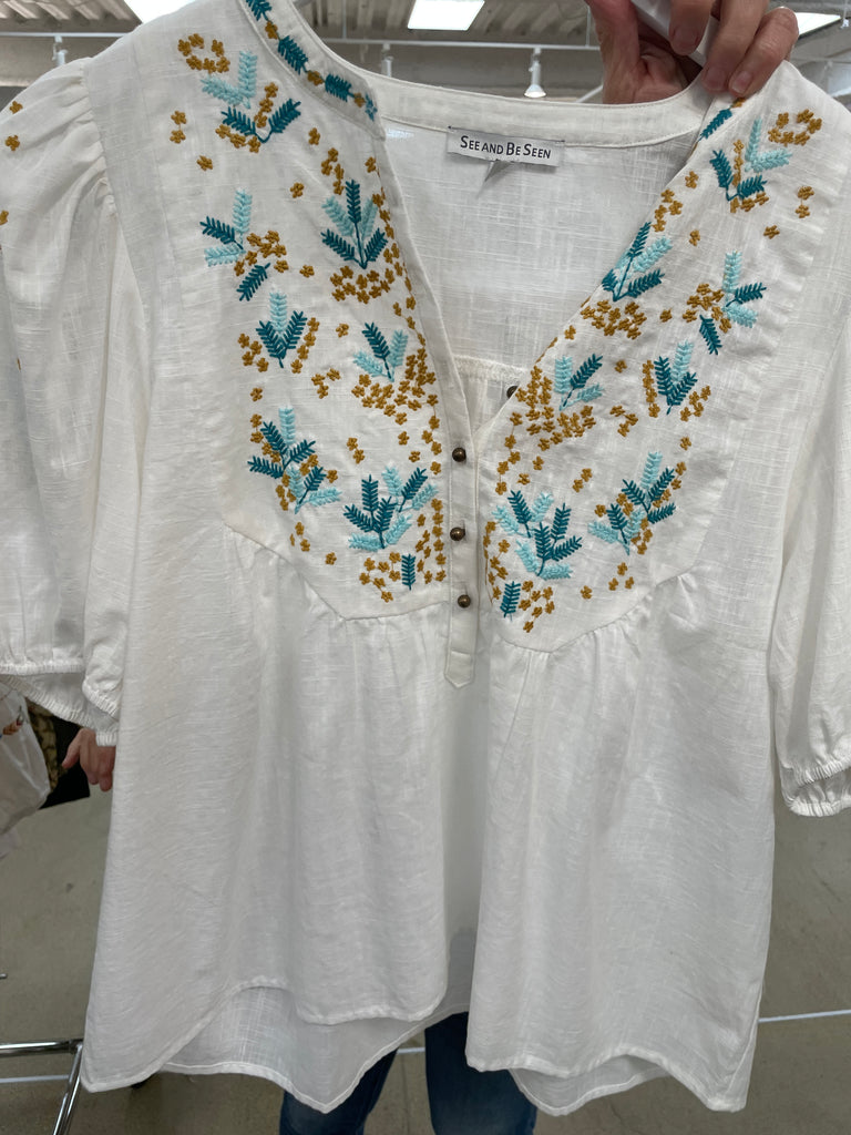 Top: Cotton, White w/ aqua embroidered v-neck