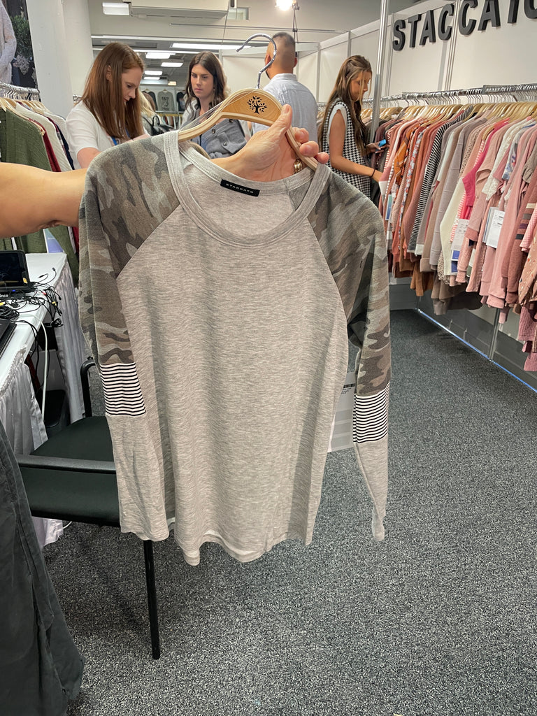 Sweatshirt: Heather Grey/Camo - Round Neck, camo color blocked, raglan sleeve