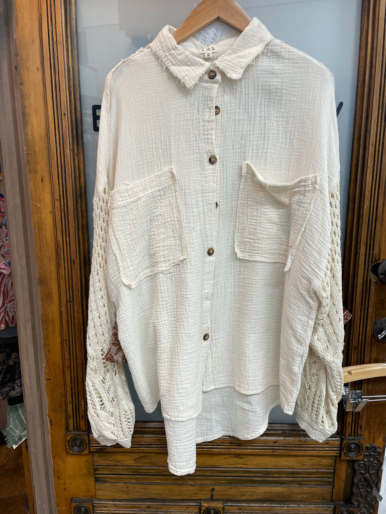 Shirt: Natural , button front w/ chest pockets, raw edge detailing, gauze fabric
