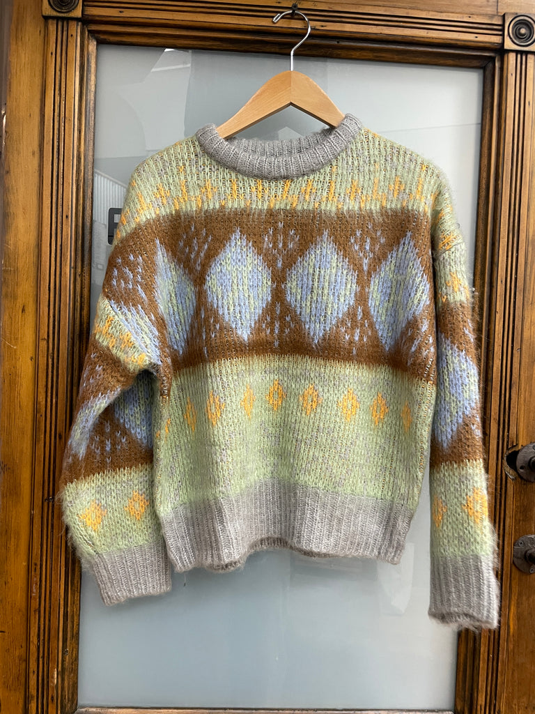 Pattern Contrast Sweater- Grey,Mint,Brown,Blue
